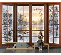 Papel Pintado Ciervo Alféizar Ventana Escena Nevada Fotomurales Pintura De Vista Desde La Ventana Bosque Invernal Tapiz Fotográfico Para Pared Salón Pasillo Dormitorio Comedor,250 × 175 Cm, Marrón