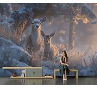 Papel Pintado Ciervos En El Bosque Invernal, Papel Pintado No Tejido Blanco Animales Salvajes Realistas, Fotomurales Fácil de instalar, Murales Decoración para Dormitorio Salón Pasillo - 250 x 175 cm