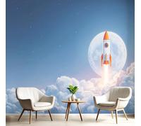 Papel Pintado Cohete Luna Efecto 3D Paisaje Ilustración De Dibujos Animados Salón Dormitorio - Fotomurales Pared Tela de Seda Decorativos Murales Fotográfico de Paredes (400Anx280Al cm)
