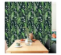 Papel pintado con aspecto de madera Papel tapiz autoadhesivo de hojas verdes oscuras, con diseño flores blancas, impermeable, for cocina y baño, decoración PVC(44cmx100cm)