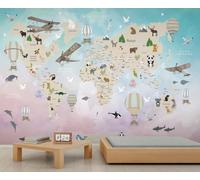 Papel pintado con diseño de mapa del mundo con divertido significado educativo, mapas con países y regiones, geografía y paisaje natural, papel pintado para habitación, banderas de países de todo el