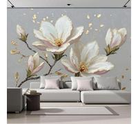 Papel pintado con hojas doradas y flores de magnolia para salón o dormitorio, papel pintado fotográfico en relieve, revestimiento de pared con estampado rosa y blanco, tela de seda, 250 cm x 175 cm