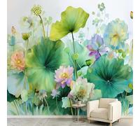 Papel pintado con plantas de acuarela - Mural de pared 400 x 280 cm, no tejido, impresión de arte, vellón, mural, decoración de dormitorio, póster de flores, loto, estanque, no se despega ni pega