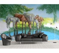 Papel pintado con relieve de estanque, árboles verdes, caballos, fondo de pared, para sala de estar, dormitorio, cafetería, mural 3D, 400 x 280 cm