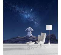 Papel Pintado Conejo Contemplando Las Estrellas 400x280cm Fotomurales Seda Animal De Dibujos Animados De Ensueño, Realismo Papel Tapiz Grande Murales Fotográfico Moderno Decor De Paredes, Azul Oscuro