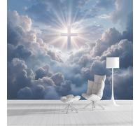 Papel Pintado Cruz Nubes 400x280cm Fotomurales Seda Estilo Espiritual, Realismo Papel Tapiz Grande Murales Fotográfico Moderno Decoración De Paredes, Azul