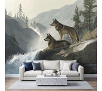 Papel pintado de 250 x 175 cm, animales salvajes realistas, papel pintado fotográfico, no tejido, tapicería, para salón, dormitorio, decoración de pared, lobo cascada arroyo bosque pinos niños