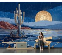 Papel Pintado de Arte Lujo Pan Oro, 300x210cm Papel de Pared de Fondo Grande Cactus Desierto Murales Papel Tapiz Moderno Decoración De Pared para Salón Dormitorio Pasillo Comedor, Azul Marino