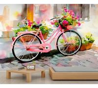 Papel pintado de bicicleta rosa vintage en acuarela, murales de pared de ciudad europea para dormitorio, papel pintado de calle rural para sala de estar, habitación de los niños, fondo de TV, póster