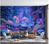 Papel Pintado De Bosque Misterioso De Hongos 350x256cm, Fotomurales Papel Pintado Estilo De Ilustración De Fantasía, Panoramico Decorativos Dormitorio Salón Sala Púrpura Murales Papels Tapiz