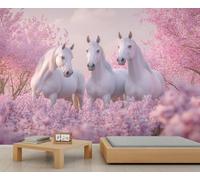 Papel pintado de caballo, mural de bosque rosa, papel tapiz grande de flores de primavera para sala de estar, mural de pared para habitación de niñas, 450 x 315 cm (no se pela y pega)