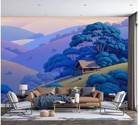 Papel Pintado De Casa De Madera Colinas Bosque 350x256cm, Fotomurales Papel Pintado Ilustración De Dibujos Animados De Paisaje, Panoramico Decorativos Salón Sala Púrpura Murales Papels Tapiz