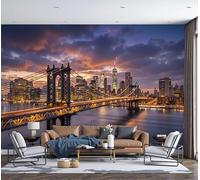 Papel Pintado de Ciudad Moderna, 300x210cm Papel de Pared de Fondo Grande Horizonte Ciudad Vista NocturnaPuente Colgante Murales Papel Tapiz Decoración De Pared para Salón Dormitorio