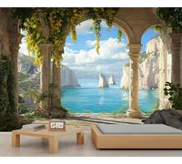 Papel pintado de columnas romanas europeas, mural grande de Toscana Italia, mural de paisaje costero para dormitorio, mural de pared de paisaje italiano, 200 x 140 cm (no se despega)