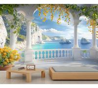 Papel pintado de columnas romanas italianas, mural de pared de edificio europeo, paisaje costero, papel pintado para dormitorio, decoración de pared europea, 400 x 280 cm (no se despega)