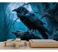 Papel pintado de cuervo negro con diseño de cuervo y árbol de niña, vintage, para Halloween, gótico, mural, para sala de estar, dormitorio, 450 x 300 cm