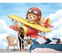 Papel Pintado de Dibujos Animados Retro, 450x315cm Papel de Pared de Fondo Grande Osito Volando Avión Murales Papel Tapiz Moderno Decoración De Pared para Salón Dormitorio Pasillo Comedor, Azul Claro