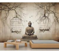 Papel pintado de estatua de Buda, papel pintado de jaula de pájaros, papel pintado abstracto de ramas y líneas para habitación de niñas, dormitorio, sala de estar, póster mural, 450 x 300 cm