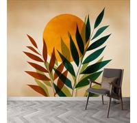 Papel pintado de estilo bohemio, plantas tropicales, hojas, sol, mural, 500 x 280 cm (ancho x alto), papel pintado extraíble de alta calidad, no tejido, impermeable, decoración de pared, póster