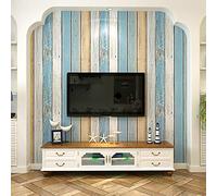Papel pintado de estilo mediterráneo no tejido imitación madera grano azul rayas verticales dormitorio salón sofá TV fondo pared tienda decoración 1.73 pies ancho x 32.8 pies largo no pegado