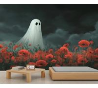 Papel pintado de fantasmas de Halloween, papel pintado de flores de amapola, papel pintado floral para habitación de niños, cielo oscuro y nubes, papel de pared gótico para dormitorios, oficina, sala