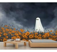 Papel pintado de fantasmas de Halloween, papel tapiz de flores de amapolas naranjas, habitación de niñas, naturaleza, papel pintado de pared floral, cielo gris oscuro con nubes, papel de pared para