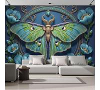 Papel Pintado De Flores Luna Moth 300x210cm, Fotomurales Papel Pintado Estilo Art Nouveau De Fantasía, Panoramico Decorativos Dormitorio Salón Sala Verde Murales Papels Tapiz