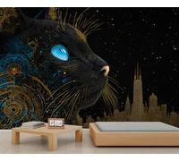 Papel pintado de gato negro Tech Art City Skyline Mural cielo nocturno estrellado chica papel pintado para sala de estar dormitorio mural póster 280 x 200 cm