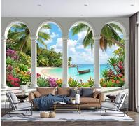 Papel Pintado de Islas Tropicales, 350x250cm Papel de Pared de Fondo Grande Arcada Romana Columnas Vistas Mar Murales Papel Tapiz Decoración De Pared para Salón Dormitorio Pasillo Comedor, Azul Claro
