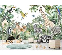 Papel pintado de la selva y animales para niños 366 cm de ancho x 254 cm de alto póster de decoración de pared de acuarela leones jirafa elefante