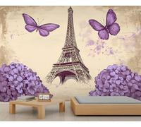 Papel pintado de la Torre Eiffel, mural de hortensias, papel pintado floral en acuarela de gran formato para salón, mural de pared estilo París, Francia - 300x210cm (No autoadhesivo)