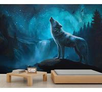 Papel pintado de lobo aullando con diseño de lobo aullando con cielo estrellado, nebulosas y lunas, murales para paredes de dormitorios, murales para dormitorio de niños, sala de estar, 300 x 210 cm