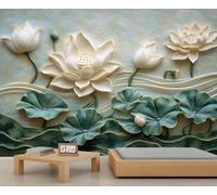 Papel pintado de loto, mural grande de flores de verano, mural estético para dormitorio, mural de pared de flores en relieve, 390 x 260 cm (no se despega)