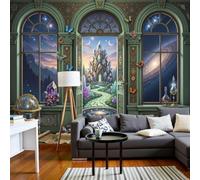 Papel Pintado de Magia De Fantasía Retro 450x315cm Papel de Pared de Fondo Grande Castillo De Cristal 3D Murales Papel Tapiz Decoración De Pared para Salón Dormitorio Pasillo Comedor, Verde De Judía