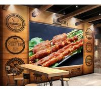 Papel Pintado De Moda Grano De Madera Pintado A Mano Deliciosas Brochetas De Barbacoa Tienda Té De La Tarde Restaurante Occidental Fondo Pared Papel Tapiz Cafetería Mural,3D,400x280cm