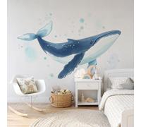 Papel Pintado De Mural Seda - Ballena Azul Burbujas, Fotomurales Animales Marinos En Acuarela, Azul Decorativos Murales Papel Tapiz Fotográfico Dormitorio Oficina 250x175cm