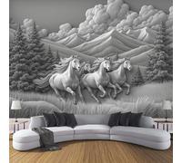 Papel Pintado De Mural Seda Caballos Corriendo Sobre La Hierba, Fotomurales Animal En Relieve Blanco Y Negro 200x140cm, Decoración De La Pared Murales Para Salón Dormitorio Habitación