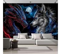 Papel Pintado De Mural Seda Enfrentamiento Entre Dragones Y Lobos, Fotomurales Estilo De Arte De Fantasía Oscura 200x140cm, Decoración De La Pared Murales Para Salón Dormitorio Habitación