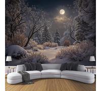 Papel Pintado De Mural Seda Luna Llena Paisaje Nevado Bosque Antiguo, Fotomurales Paisaje De Fantasía De Noche De Invierno 400x280cm, Decoración De La Pared Murales Para Salón Dormitorio Habitación