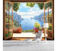 Papel Pintado De Mural Seda Ventana De Madera Con Vistas Al Océano Y A La Montaña, Fotomurales Vista De La Costa Mediterránea 200x140cm, Decoración De La Pared Murales Para Salón Dormitorio Habitación