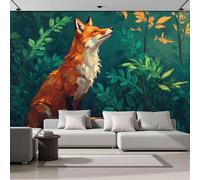 Papel Pintado De Mural Seda Zorro Rojo Del Bosque De Pinos, Fotomurales Estilo De Ilustración De Cuento De Hadas 300x210cm, Decoración De La Pared Murales Para Salón Dormitorio Habitación