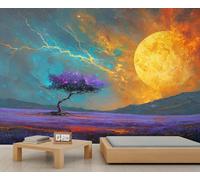 Papel pintado de nebulosa de paisaje de fantasía, mural de pared de árbol solitario y luna para sala de estar, papel pintado de paisaje natural para niñas, dormitorio, oficina, sala de estar, póster