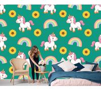 Papel Pintado de Niño, 200x140cm Papel de Pared de Fondo Grande Caballo Blanco, Arcoíris Y Girasol Murales Papel Tapiz Moderno Decoración De Pared para Salón Dormitorio Pasillo Comedor, Verde