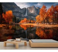 Papel pintado de paisaje de valle otoñal, hojas rojas, árbol, bosque, mural, cascada, oficina, papel pintado para niños, para dormitorio, sala de estar, decoración mural, 150 x 105 cm