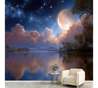 Papel pintado de paisaje romántico, 350 x 256 cm, no tejido, impresión artística de alta calidad, para decoración de dormitorio, póster de luna, vía láctea, lago, no se pela ni se pega