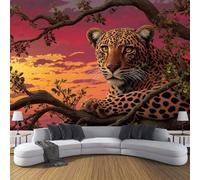 Papel Pintado De Papel No Tejido,Puesta Sol Pradera Leopardo 250×175cm Fotomurales XL Moderna Decorativos Murales,Paisaje Animales Papel Tapiz Rosa Roja FotográFico Dormitorio Para La Sala