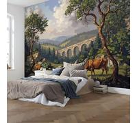 Papel pintado de papel no tejido Standard - Animales oveja y vaca Paisajes pastorales con motivos florales-300x210cm - Fotomurales XXL Decorativos Papel tapiz fotográfico Dormitorio Para la sala