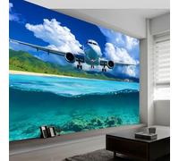 Papel pintado de pared cielo azul nubes blancas y aviones fotomurales 500 x 280 cm (ancho x alto), papel pintado de ondas azules decoración de pared, papel pintado panorámico póster para niñas, niños