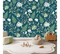Papel pintado de pared de plantas y flores, diseño tropical de hojas de helecho y monstera tropical, papel pintado fotográfico con temática verde, 138in x 101in / 350 x 256 cm (ancho x alto), mural