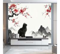 Papel pintado de pared Patrón De Gato Negro Y Montaña, Estilo De Pintura Con Tinta China Decoración panorámica del hogar, para la sala de estar y el dormitorio infantil 200 x 140 cm, Blanco